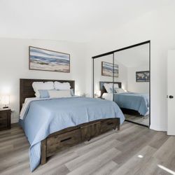 Bedroom Set: Cali King Bed Frame + Dresser + 2 End Tables - Great Condition!