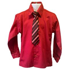 Gabriel Boys Toddlers Red Button Long Sleeve Dress Shirt w/ Clip-On Tie  Up W/Tie Shirt
