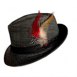 Black straw fedora hat with black band, multi-coloured feather  Size Medium