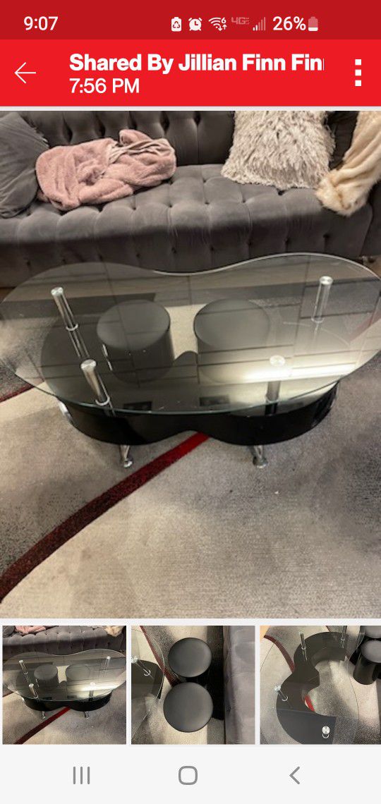 Glass Top COFFEE TABLE with 2 Small Ottomans 