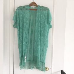 Women’s Lace Teal Fringes Kimono Cruise Club Adult One Size Fits Most Poolside Beach Cover New w/ Tags