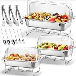 Maxdot 3 Pack Stainless Steel Dish Set, Full - Size Food Serving Display Container and Clear Roll Top Cover Utensils and Folding Wire Buffet Rack for
