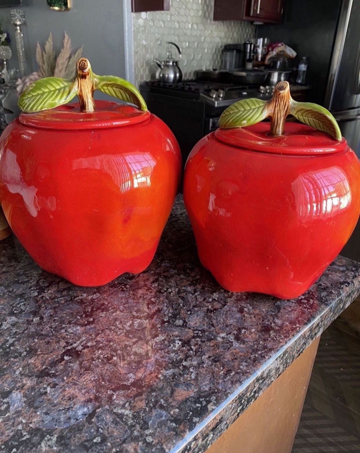 APPLE COOKIE JAR SET RED APPLE CANISTERS VINTAGE APPLES JARS *READ ALL* RETRO KITCHEN DECOR OBO