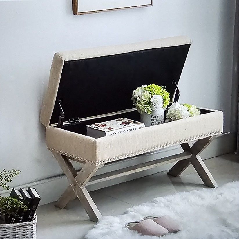 Beige Upholstered Storage Bench