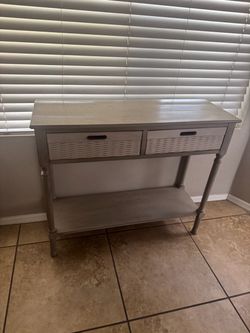 Light Gray mix with off white color console table with two drawers and a shelf #console #storage  In excellent condition.  The measurements are 36”x13