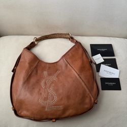 RARE YSL studded brown leather hobo shoulder bag with deer horn handle