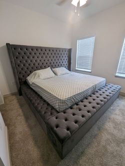 🔥Luxury Upholstered Grey Storage Tufted Wingback Bed Frame | Modern Platform Bed | King & Queen Size - 0pt Mattress | PAY AFTER DELIVERY 🚚