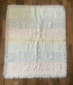 Vintage Woven Pastel Baby Blanket – Hearts, Bears, ABC/123 – 40x32