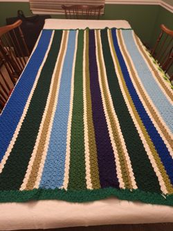Handmade Green Blue Purple Striped Crocheted Blanket Shell Stitch Throw 76x55