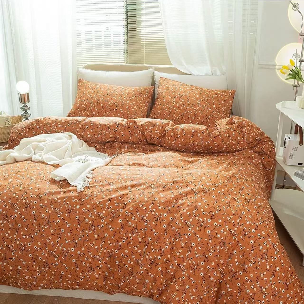 LifeTB Cotton Floral Duvet Cover Queen Pumpkin Color Flower Bedding Sets Rust Vintage Comforter Chic Orange Garden Style Kids Girl Women Set, Full/Que