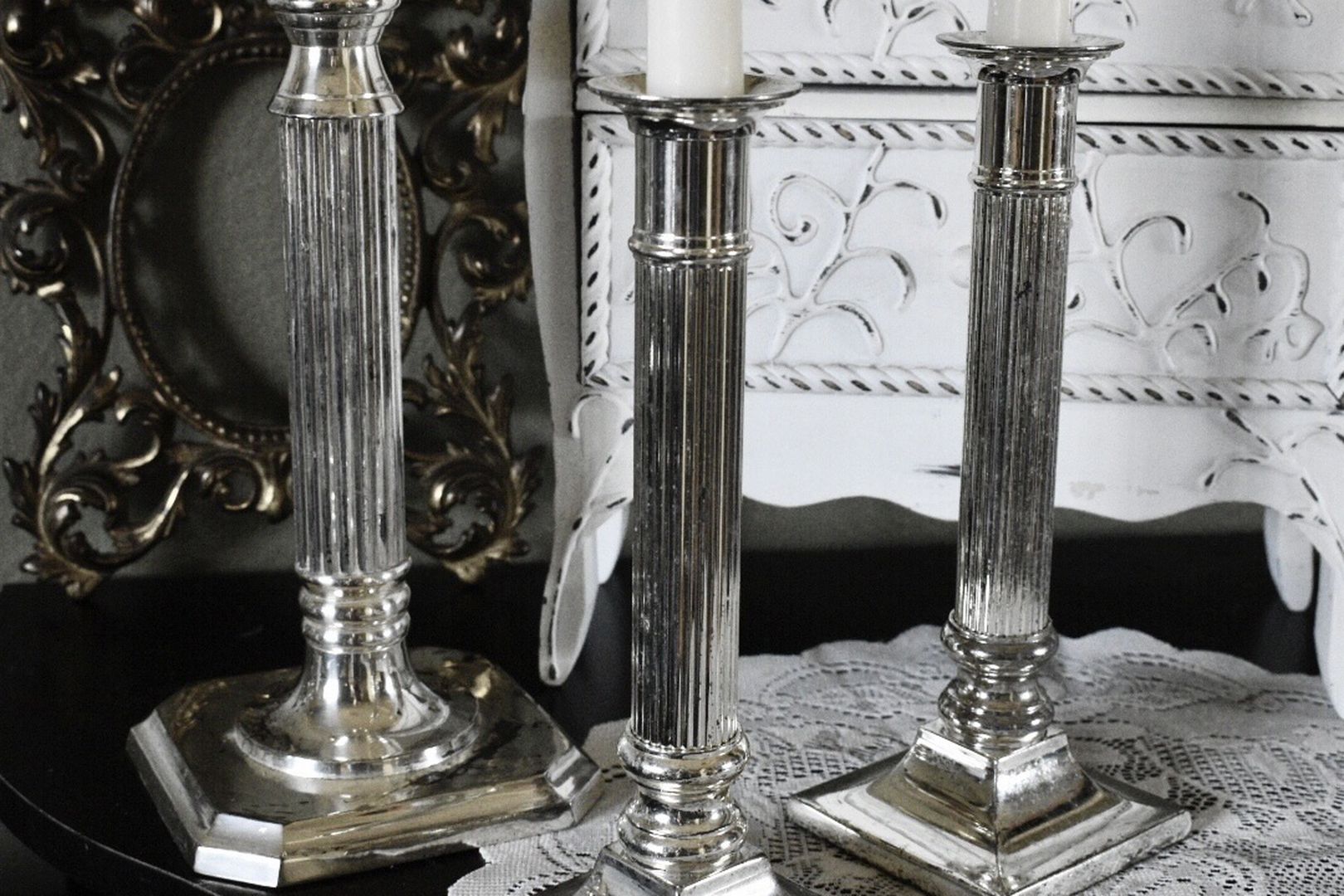 3 Vintage Metal Silver Plate Column Taper Candlestick Holders, Midcentury Candle Holders