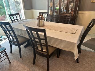 Dark Wood Dining Table with 6 Chairs and Hutch