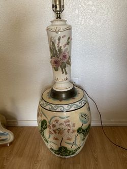 Antique lamp gold Ebla is w porcelain pink flowers