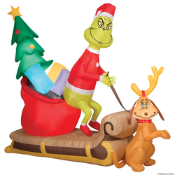 78" Inflatable Grinch and Max Sleigh Christmas Yard Decor