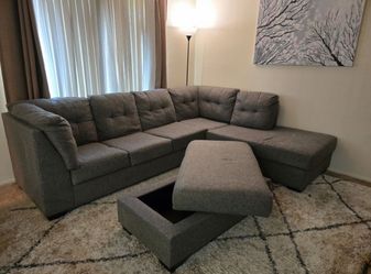 *Free Delivery* Gray Living Spaces Sectional Couch Sofa w/ Storage Ottoman