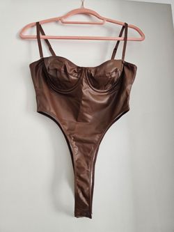 Brown Faux Leather Corset Bodysuit – Size Medium – Brand New