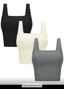 3PC Women's Tank Tops Ribbed Seamless Workout Exercise Shirts Yoga Crop Tops Sleeveless Square Neck Workout Top Summer Exercise Yoga Gym Shirts