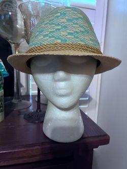 Woven Straw Fedora Hat Turquoise and Natural