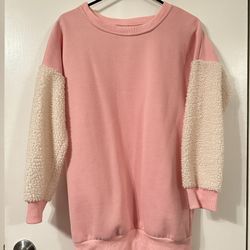 Pink Crewneck Sweater with Fleece on Sleeves