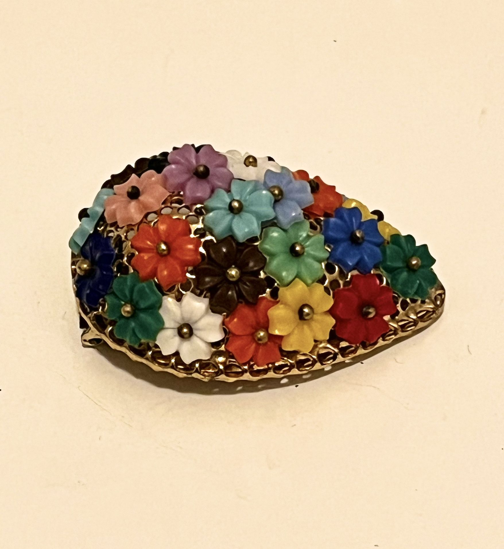 An Amazing Rare 1950 Miriam Haskell Celluloid Flower Brooch Multi-colored Wired Gilded Base 