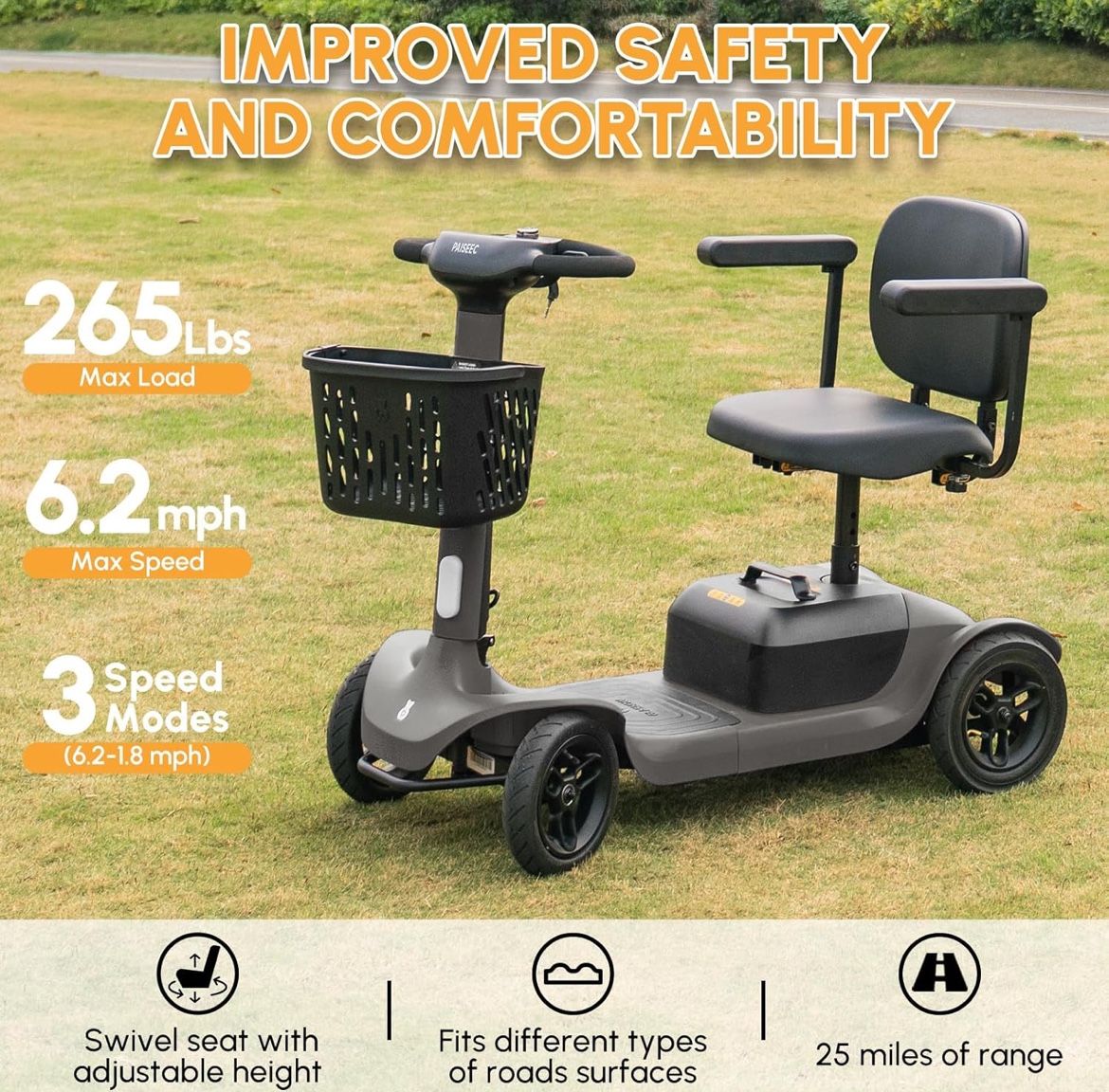 S1 Scooter for Adults,- 25 Miles Range, 6 mph, Powered Scooter with Good Legroom, Large Wheels for Outdoor, Smart Safety Features, Headlight, Basket.