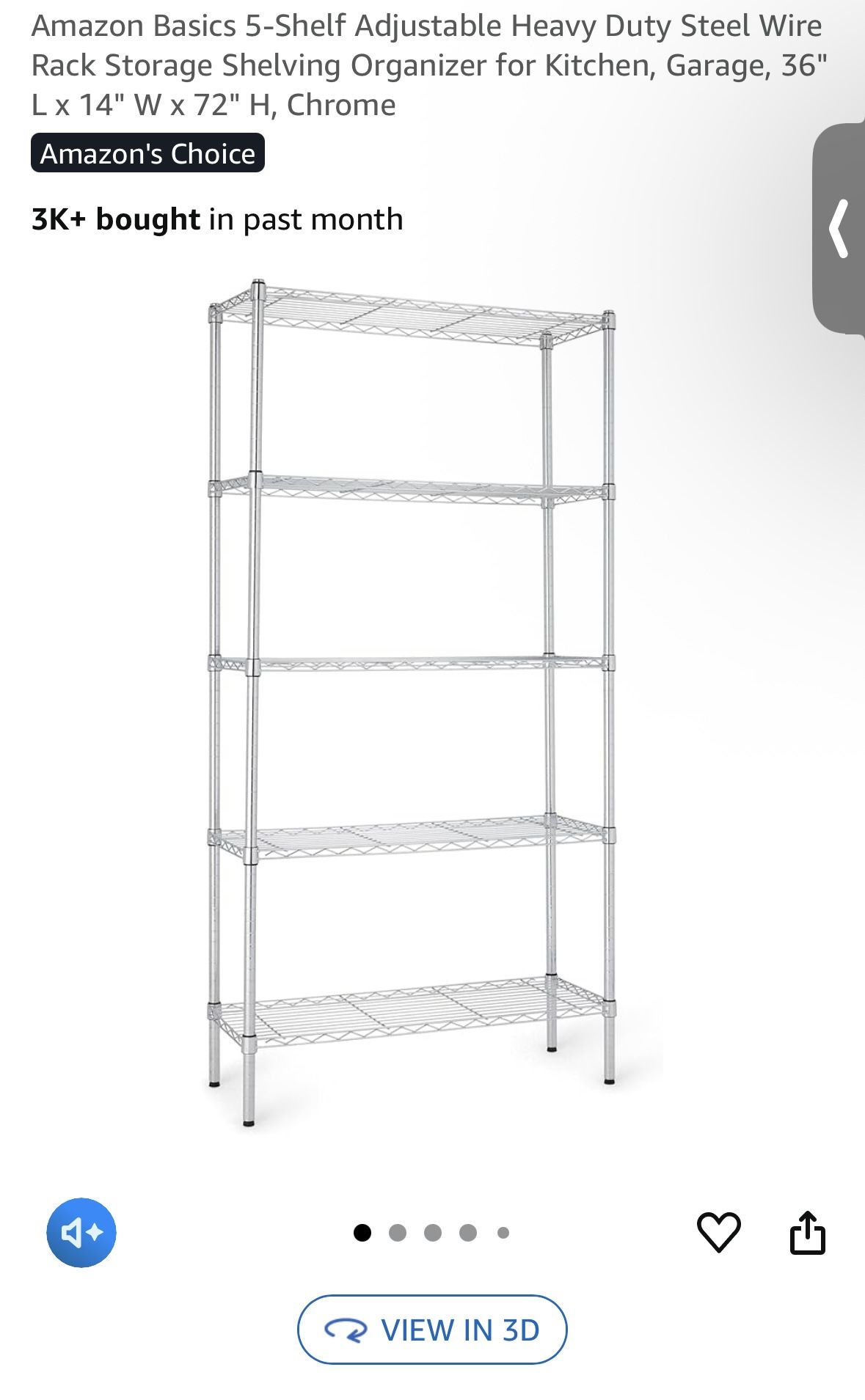 5-Shelf Adjustable Heavy Duty Steel Wire Rack Storage Shelving Organizer for Kitchen, Garage, 36" L x 14" W x 72" H, Chrome