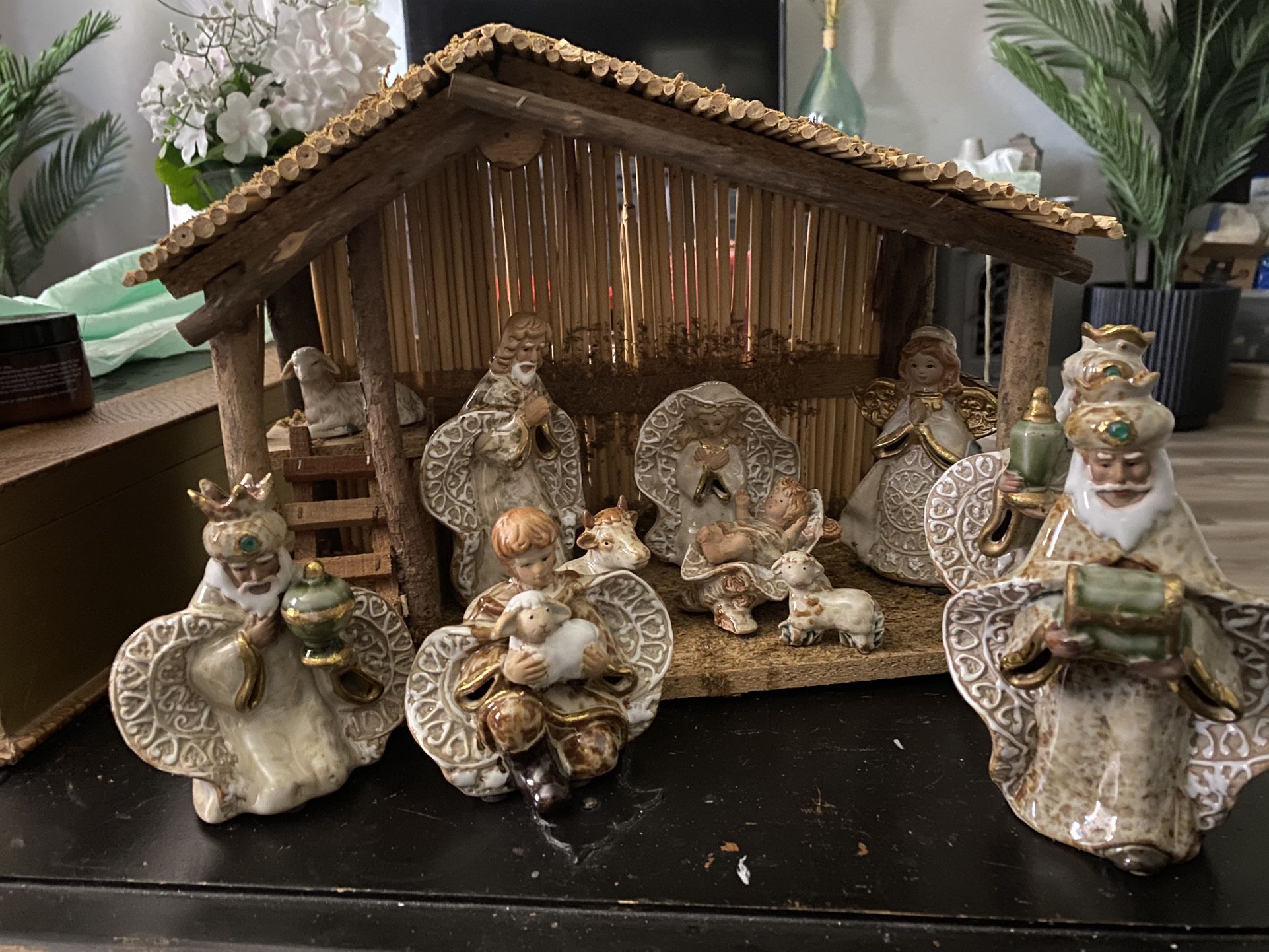 Vintage Nativity Scene 11 pcs wood + porcelain 1970s manger Christmas