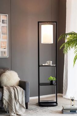 16.5" x 17" x 74" Shelving Floor Lamp, Black with Two Display Shelves