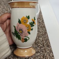 Rare Vintage 60s Peach Luster-ware Small Hand- Painted Floral Vase 