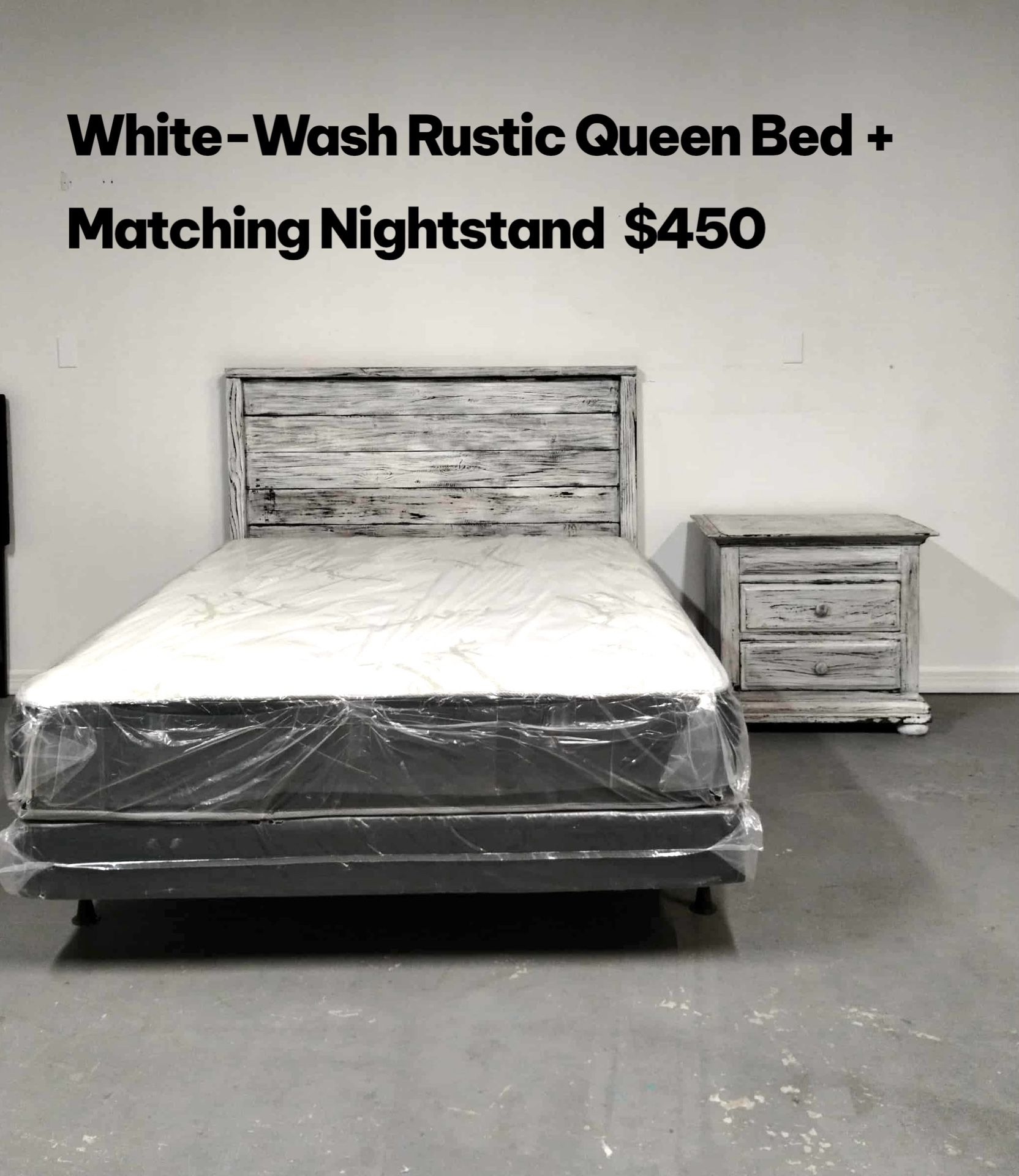 White-Wash Rustic Queen Bed + Matching Nightstand Bring a farmhouse charm to your bedroom with this handcrafted rustic white-wash set. ✅ Includes he