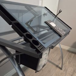 Adjustable Glass Drafting Table / Crafting Desk with Storage