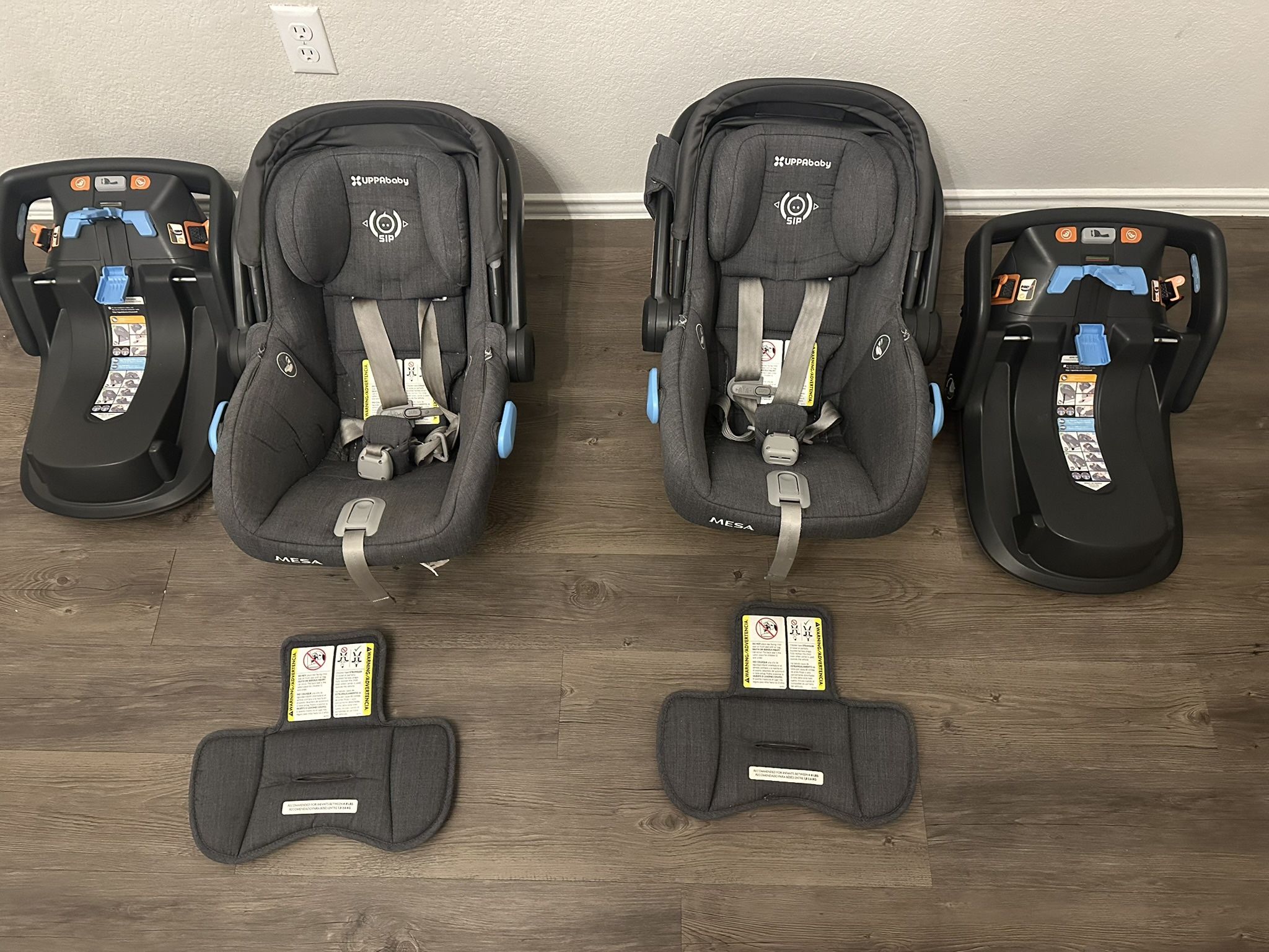 Two Uppababy Mesa Car Seats with Bases, Inserts and Adapters $50 each/$90 both