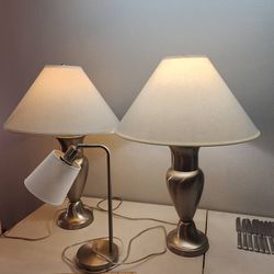 Silver Base Pair of Table Lamps & Desk Lamp