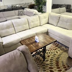 Cream Leather L Shaped Sectional With Chaise