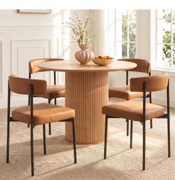 Dining Chairs Set of 4, Upholstered Kitchen Chairs, Brown Mid-Century Modern, Brown Faux Leather, Ergonomic Curved Backrest, Solid Metal Legs, Adjusta