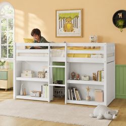 Twin Low Loft Bed for Kids with Built-in Shelves Led Lighting and Play Space - White