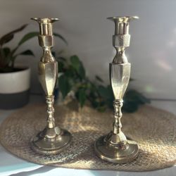 2 Tall Vintage Brass Candlesticks Set Matching Pair Gold Metal Candle Holder