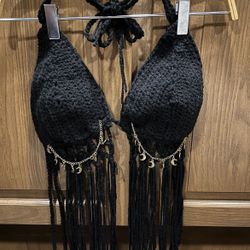 Moon 🌙 Chain Bikini Top Fringe Black Handmade Festival Top L XL