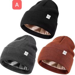 pls choose A ,B or C:Satin Lined Beanie for Women Men, Silk Lined Winter Hats for Cold Weather, Warm Cable Knit Skull Cap Cuffed Beanies