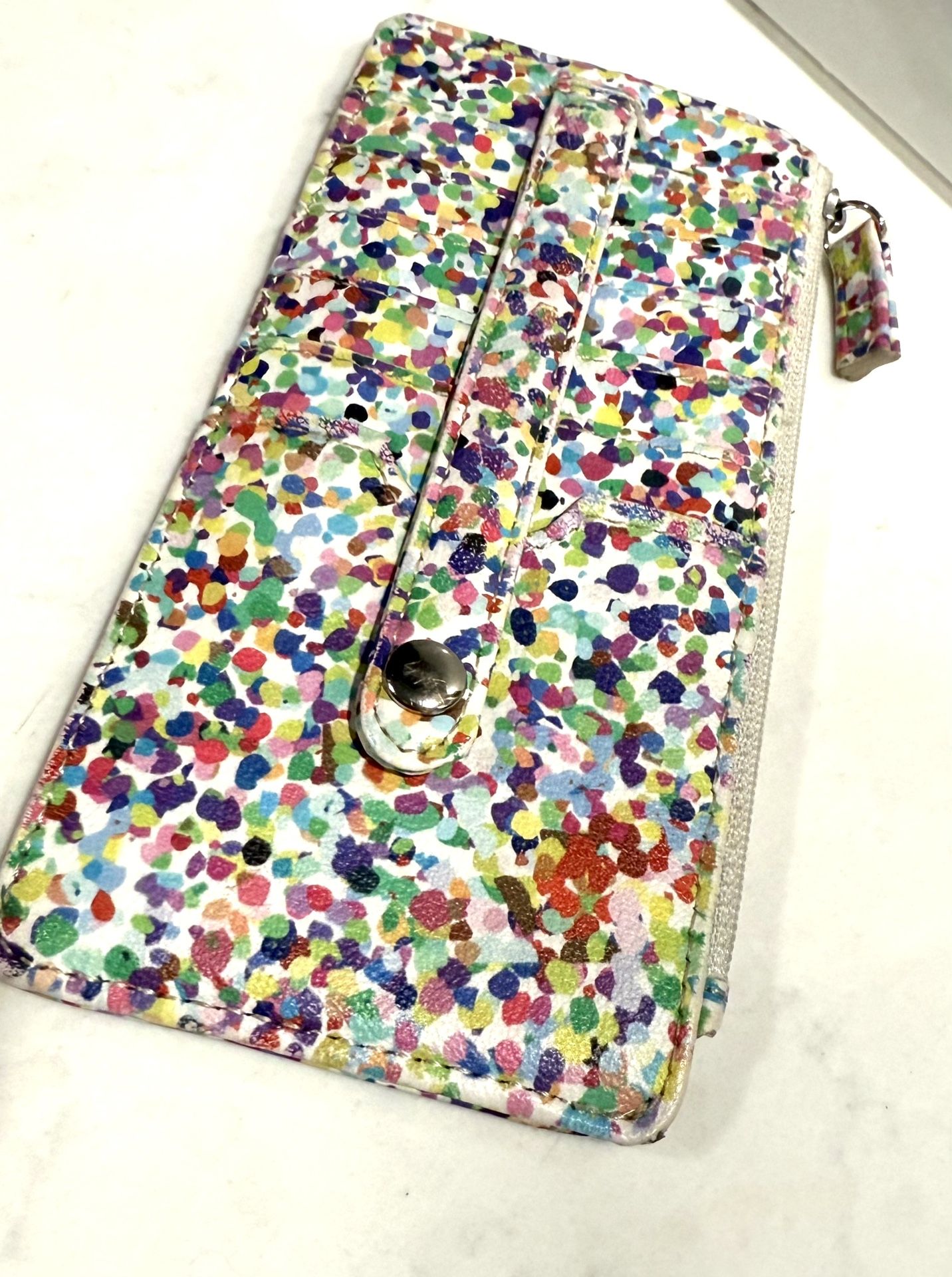 Thin Wallet Credit Card Organizer - Fun Confetti Pattern New Without Tags   • Pebble Grain Texture (Manmade Materials ) • Snap Strip Secures 6 Credit 