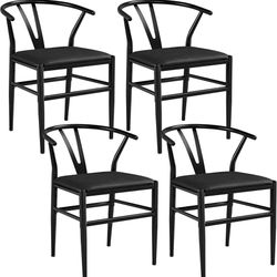 4pcs Metal Dining Chair Y-Shaped Backrest Chair PU Leather Seat Solid Metal Arm Chairs, Black
