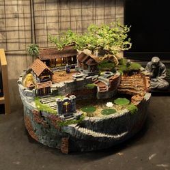 ZenScape Premium: The Tranquil Village – Handcrafted Resin Miniature Pond Décor with LED Light
