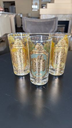 Yellow 22k Gold Signed Culver Glassware Set of 3Fruit Basket Depiction