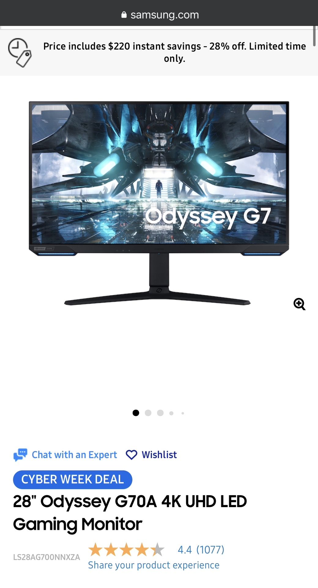 Samsung Odyssey G70A 28" 4K 144Hz UHD LED Gaming Monitor with HDMI 2.1, GSync, VRR, HDR10. Perfect for PS5 and high-end PCs (3840x2160p 144Hz)