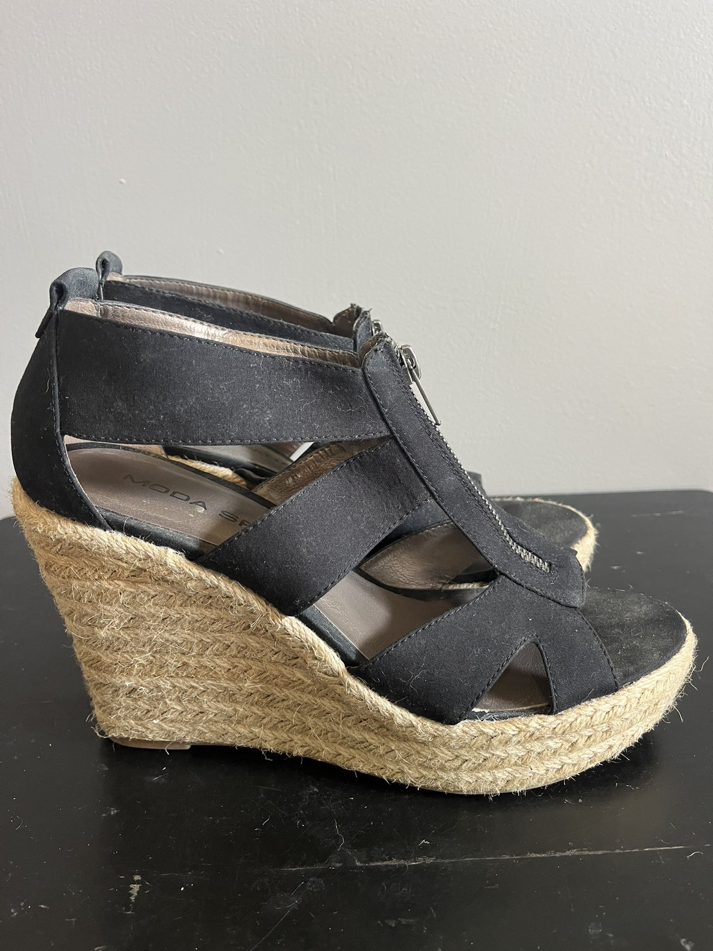 Women’s Black Zipper Woven Wedge Sandals