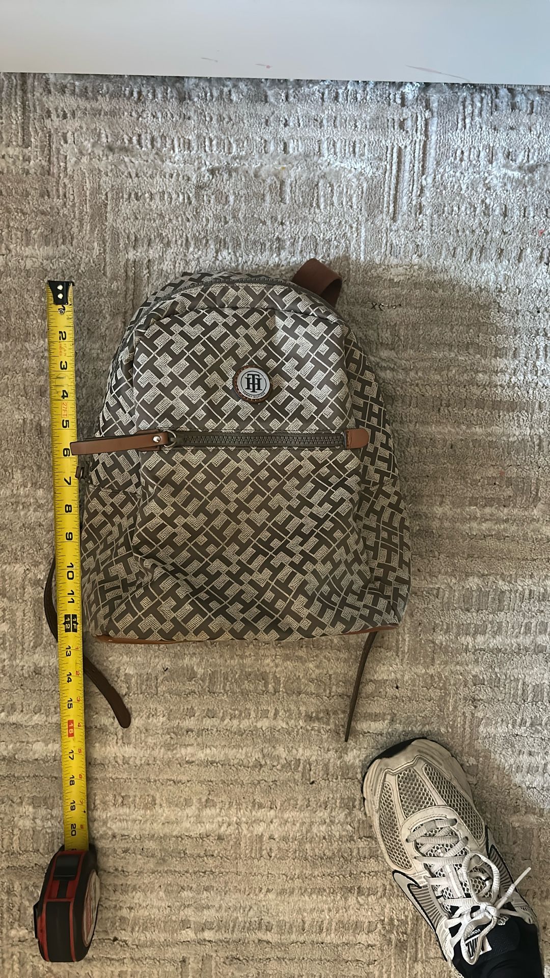 Tommy Hilfiger Tan Monogram Cotton Blend Mini Backpack With Faux Leather Accents