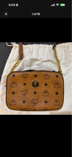 Authentic MCM Visetos Cognac Camera Crossbody Bag Gold Hardware + Orgnl Dust Bag