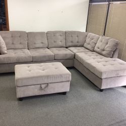 Grey Chenille Sectional Couch And Storage ottoman 