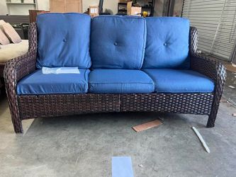 Opohoro 72" Outdoor Wicker Patio Sofa with Cushions, 3-Seat PE Rattan Couch for Porch, Brown/Blue