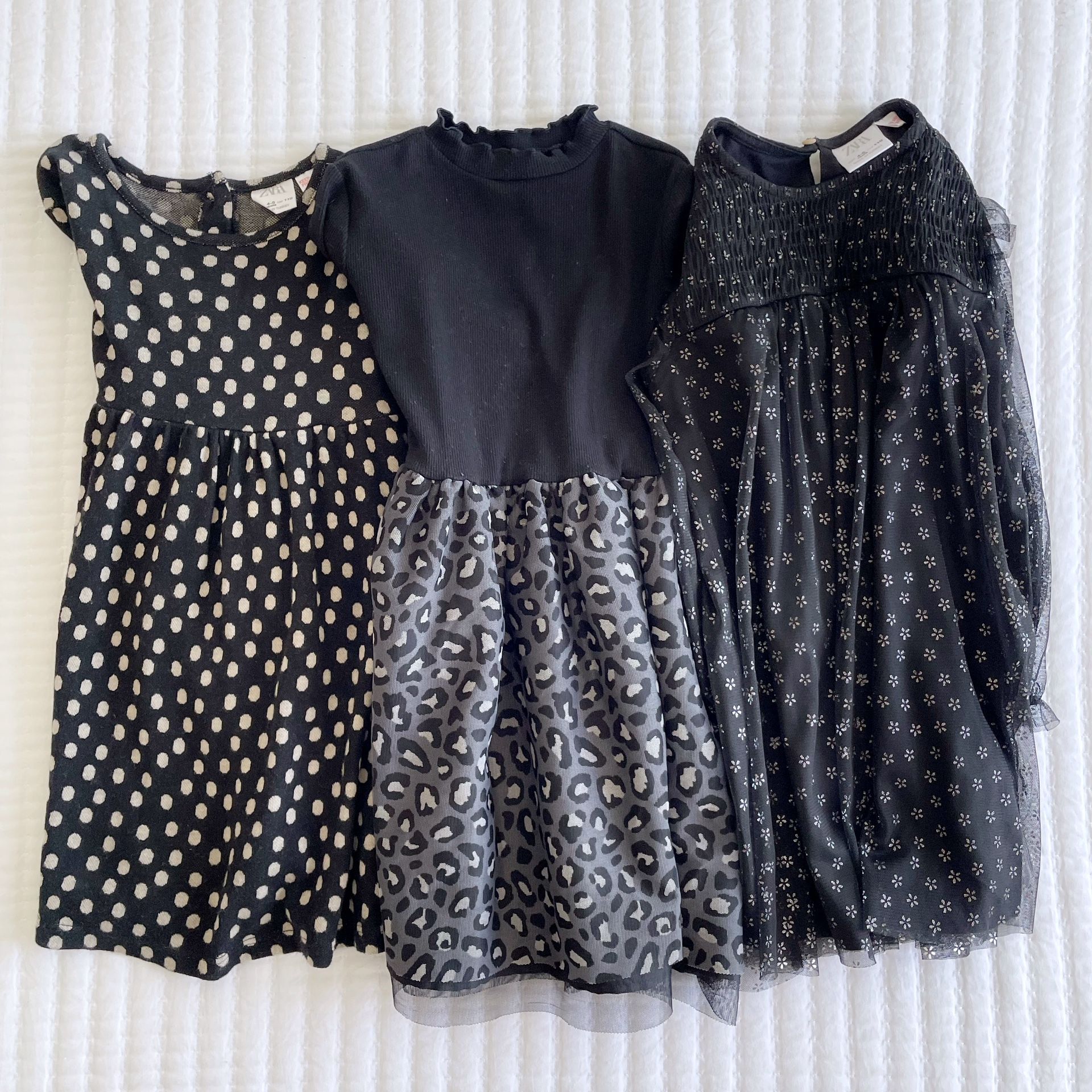 ZARA & OLD NAVY Black Gray Toddler Girls Polka Dot Leopard Print Dress Bundle sz 4
